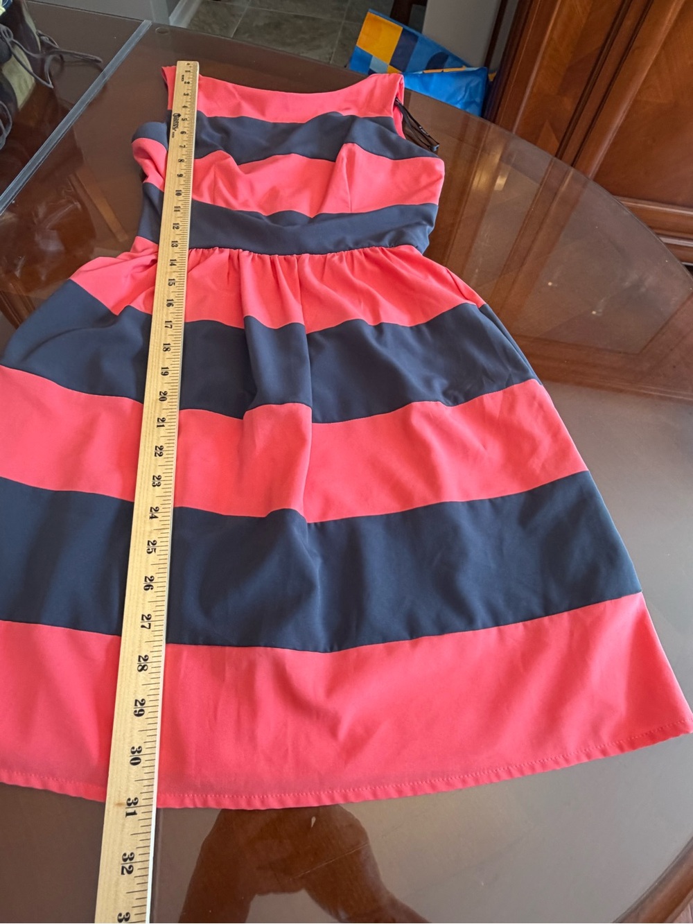 B Darlin Coral and Charcoal Striped Fit & Flare Dress - Picture 5 of 6